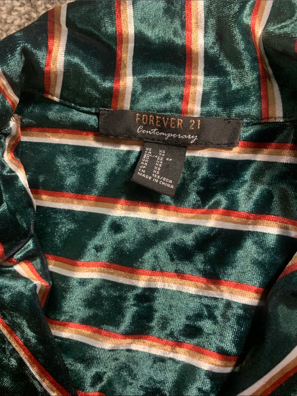 Forever 21 Green Velvet Striped Long Sleeve Shirt - Picture 2 of 5